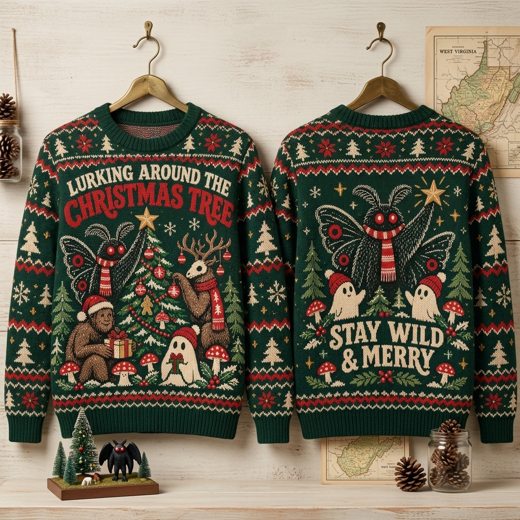 Cryptid Lurking Around The Christmas Tree Ugly Sweater – Stay Wild & Merry Holiday Top - mockup 3