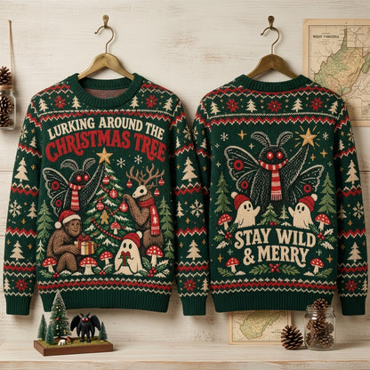 Cryptid Lurking Around The Christmas Tree Ugly Sweater – Stay Wild & Merry Holiday Top - mockup 3