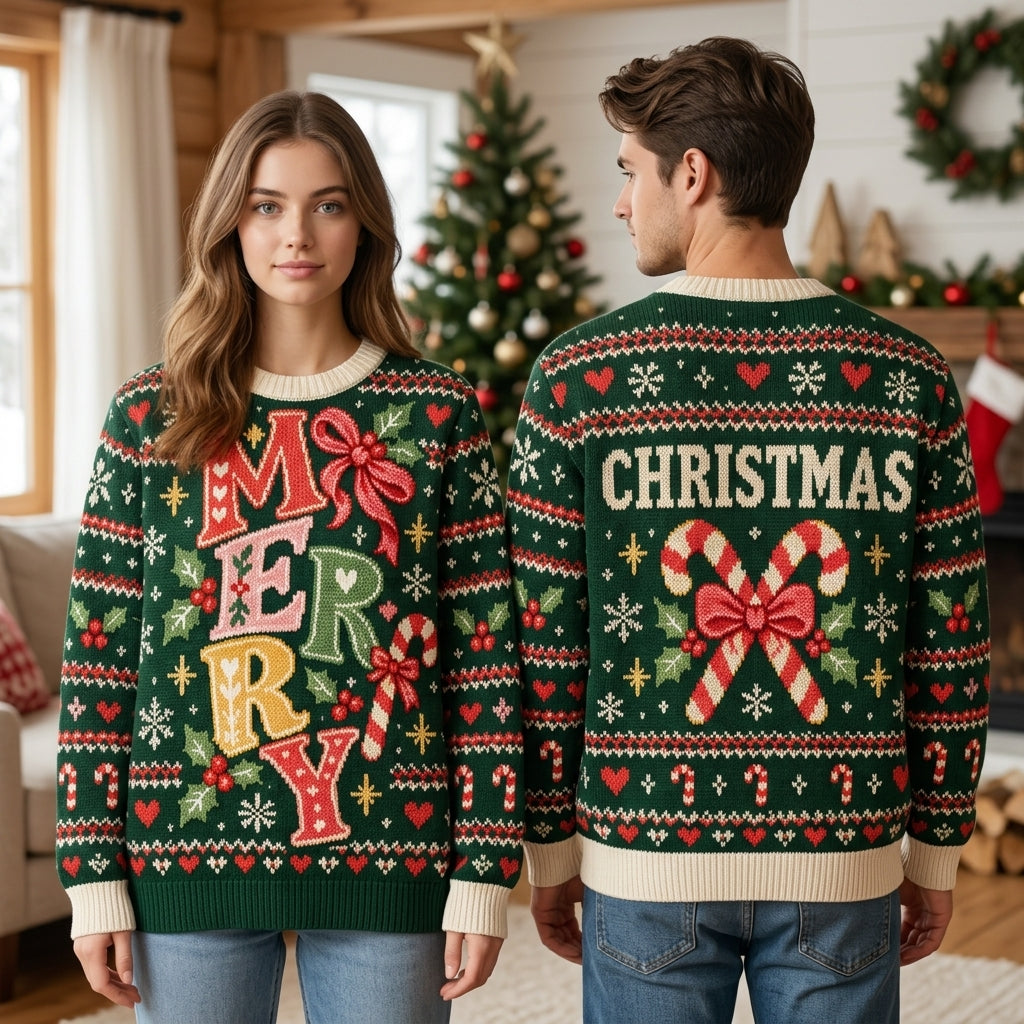 Merry Christmas Candy Cane Festive Ugly Sweater – Holiday Party Crewneck - mockup 1