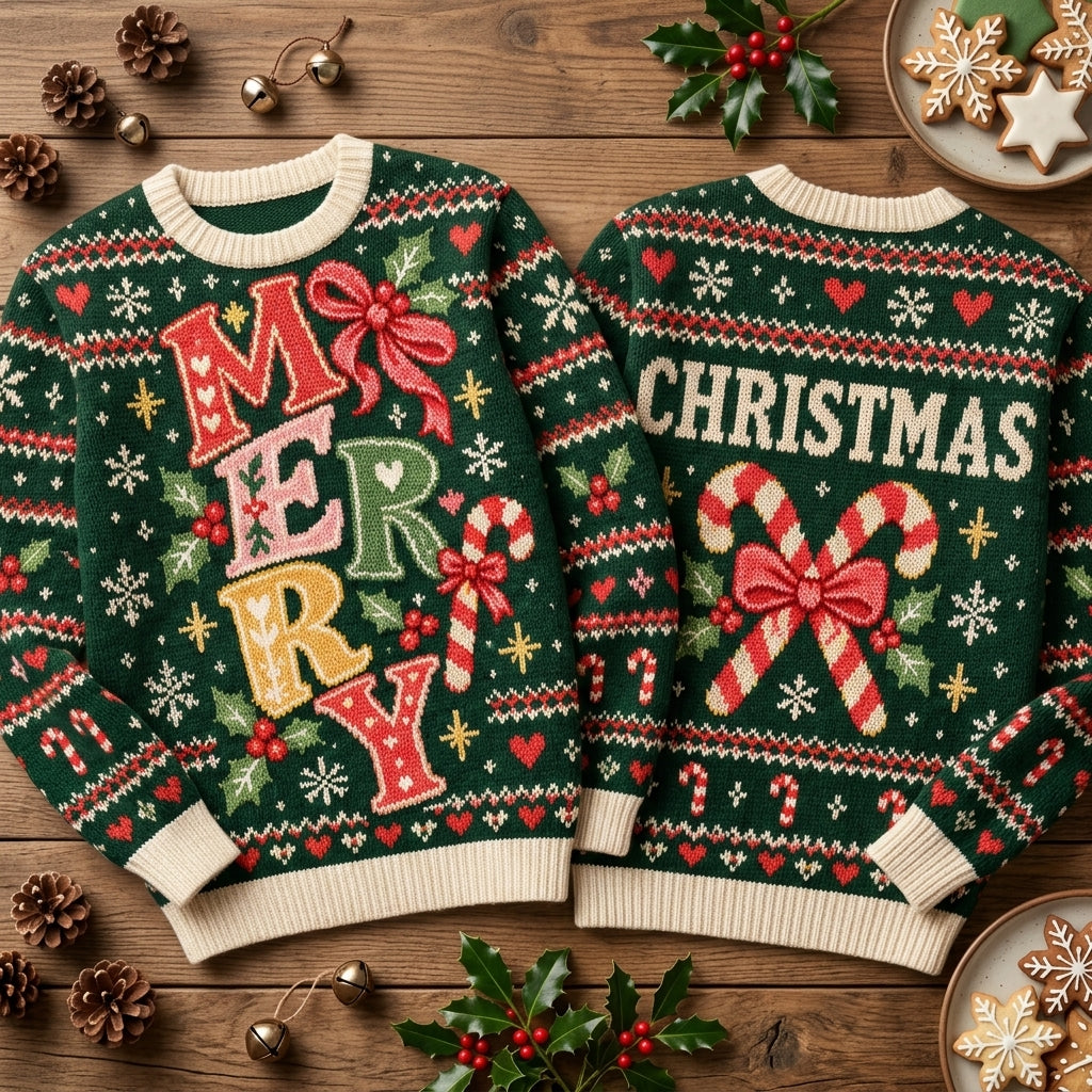 Merry Christmas Candy Cane Festive Ugly Sweater – Holiday Party Crewneck - mockup 2