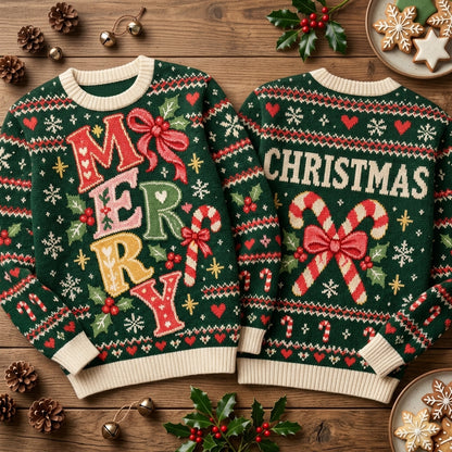 Merry Christmas Candy Cane Festive Ugly Sweater – Holiday Party Crewneck - mockup 2