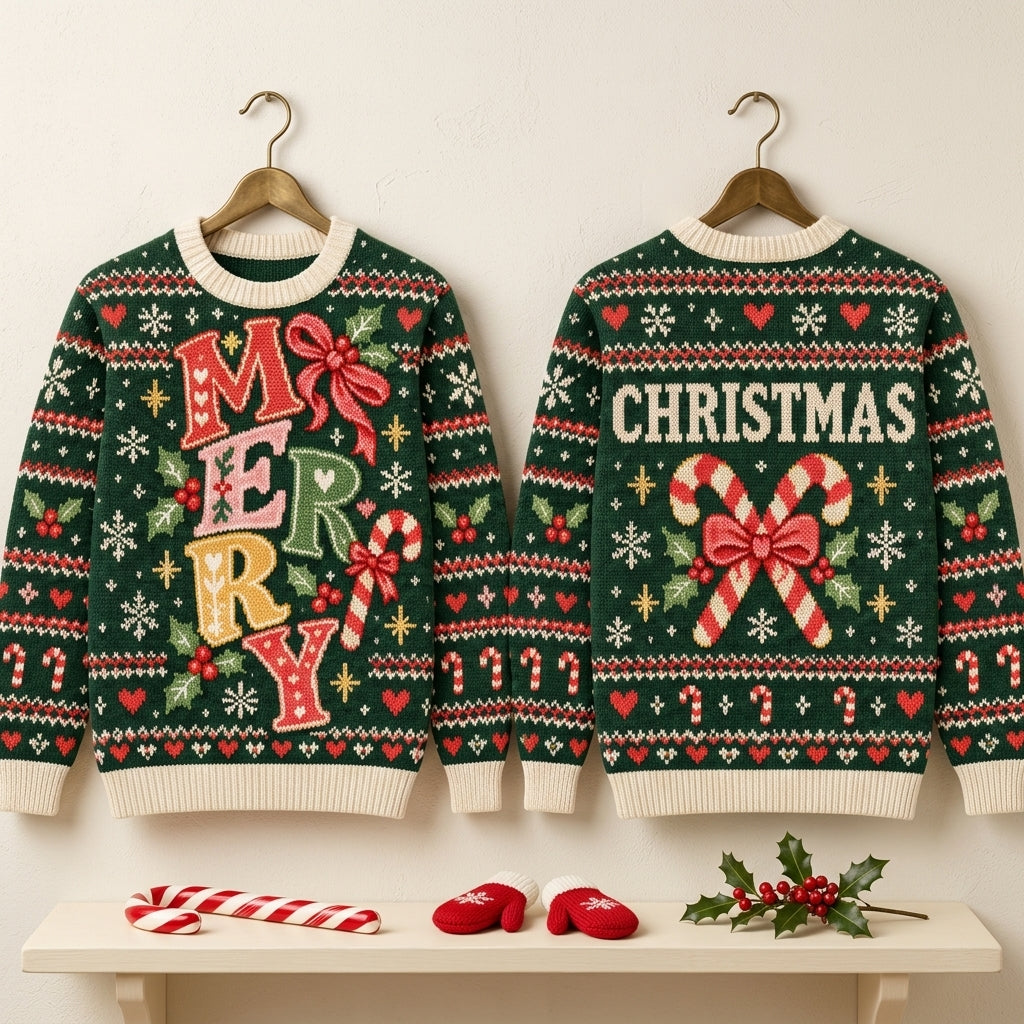 Merry Christmas Candy Cane Festive Ugly Sweater – Holiday Party Crewneck - mockup 3