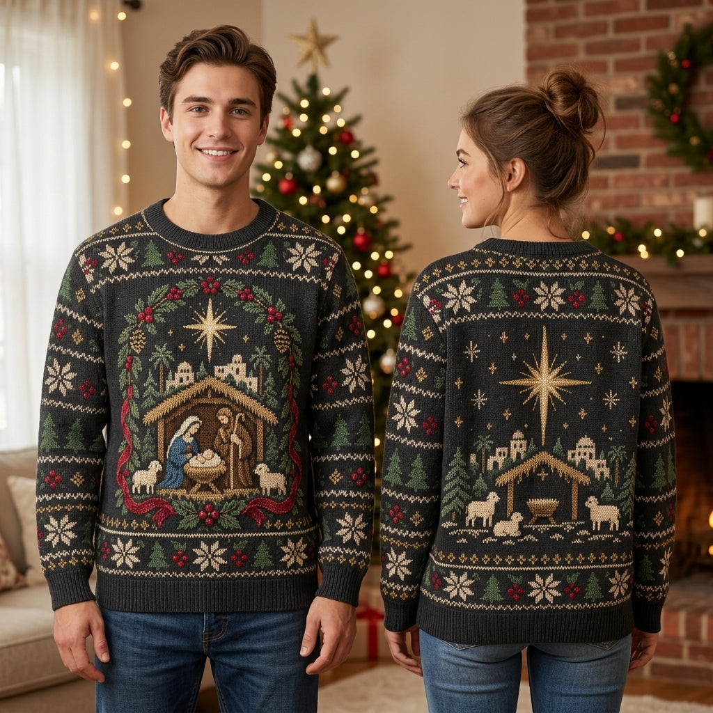 O Holy Night Nativity Scene Christmas Ugly Sweater - Religious Holiday Apparel - mockup 1