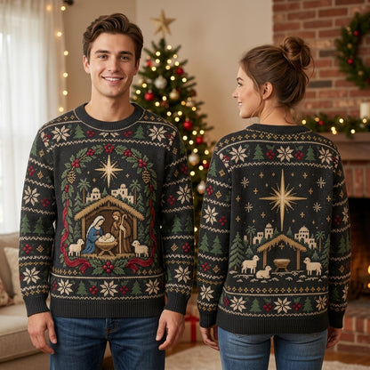 O Holy Night Nativity Scene Christmas Ugly Sweater - Religious Holiday Apparel - mockup 1