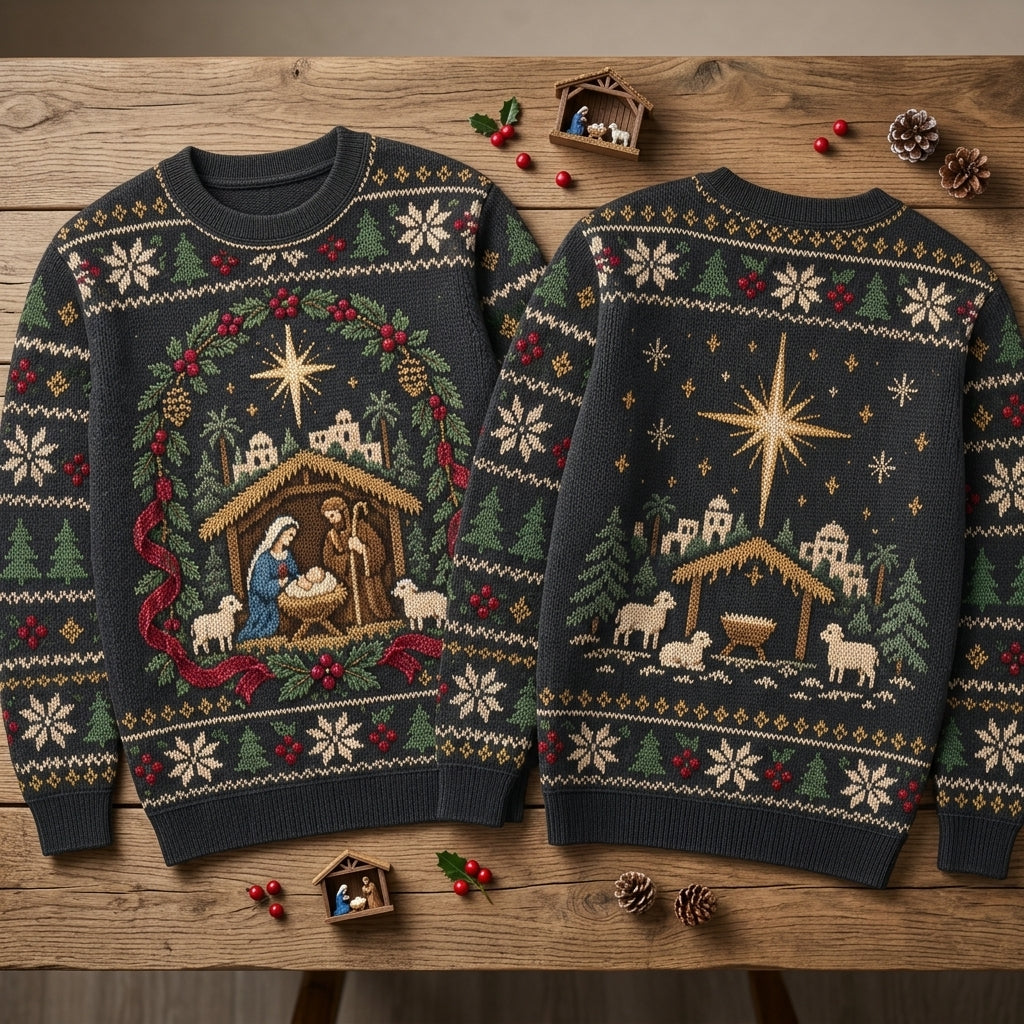 O Holy Night Nativity Scene Christmas Ugly Sweater - Religious Holiday Apparel - mockup 2