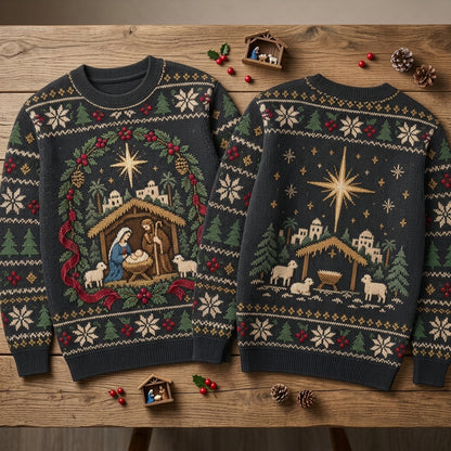 O Holy Night Nativity Scene Christmas Ugly Sweater - Religious Holiday Apparel - mockup 2