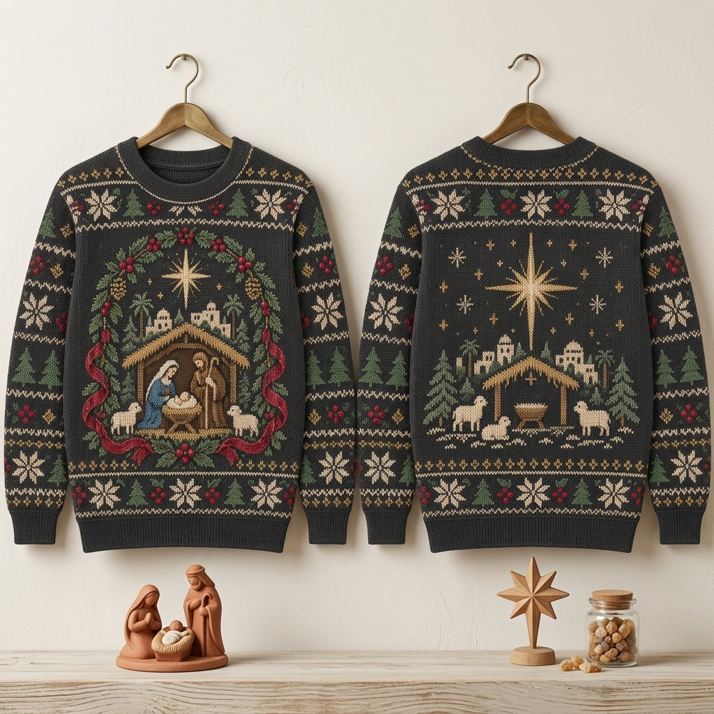 O Holy Night Nativity Scene Christmas Ugly Sweater - Religious Holiday Apparel - mockup 3
