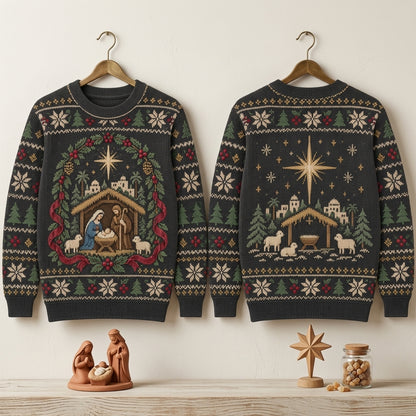 O Holy Night Nativity Scene Christmas Ugly Sweater - Religious Holiday Apparel - mockup 3