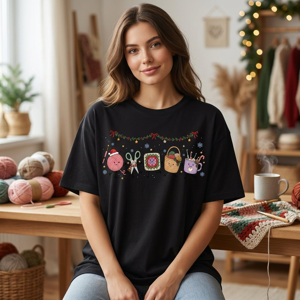 Christmas Crochet Friends T-shirt Sweatshirt Hoodie – Festive Yarn Lover Holiday Gift - mockup 1