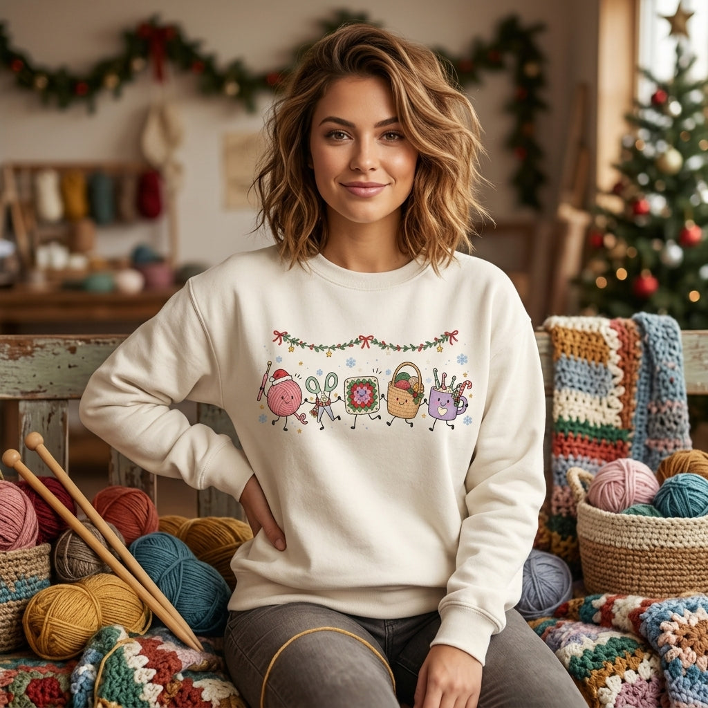 Christmas Crochet Friends T-shirt Sweatshirt Hoodie – Festive Yarn Lover Holiday Gift - mockup 2