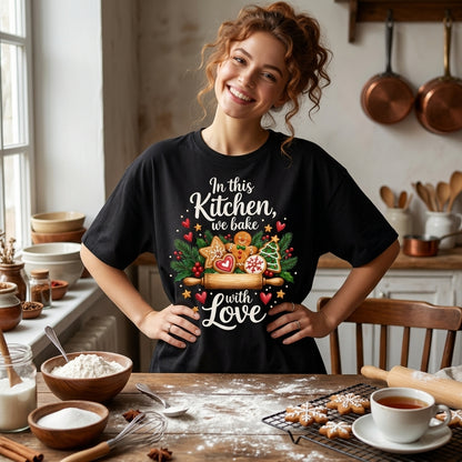 In This Kitchen We Bake With Love Christmas T-shirt Sweatshirt Hoodie - Baker Gift - mockup 1