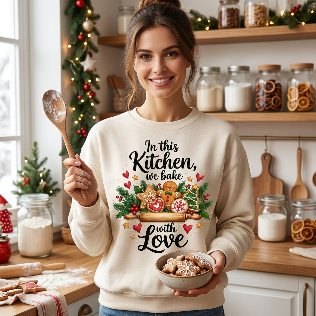 In This Kitchen We Bake With Love Christmas T-shirt Sweatshirt Hoodie - Baker Gift - mockup 2