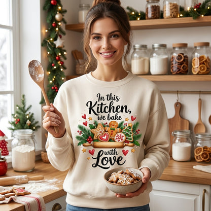 In This Kitchen We Bake With Love Christmas T-shirt Sweatshirt Hoodie - Baker Gift - mockup 2