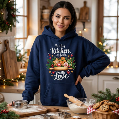 In This Kitchen We Bake With Love Christmas T-shirt Sweatshirt Hoodie - Baker Gift - mockup 3