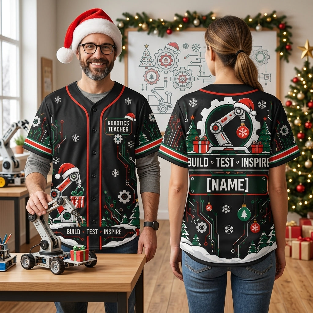 Personalized Robotics Teacher Christmas Baseball Jersey - Build Test Inspire - mockup 1