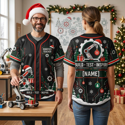 Personalized Robotics Teacher Christmas Baseball Jersey - Build Test Inspire - mockup 1