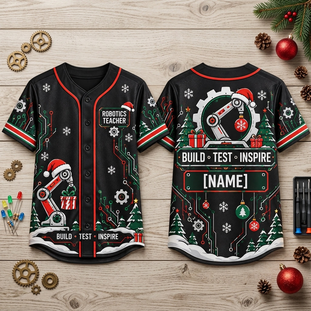 Personalized Robotics Teacher Christmas Baseball Jersey - Build Test Inspire - mockup 2