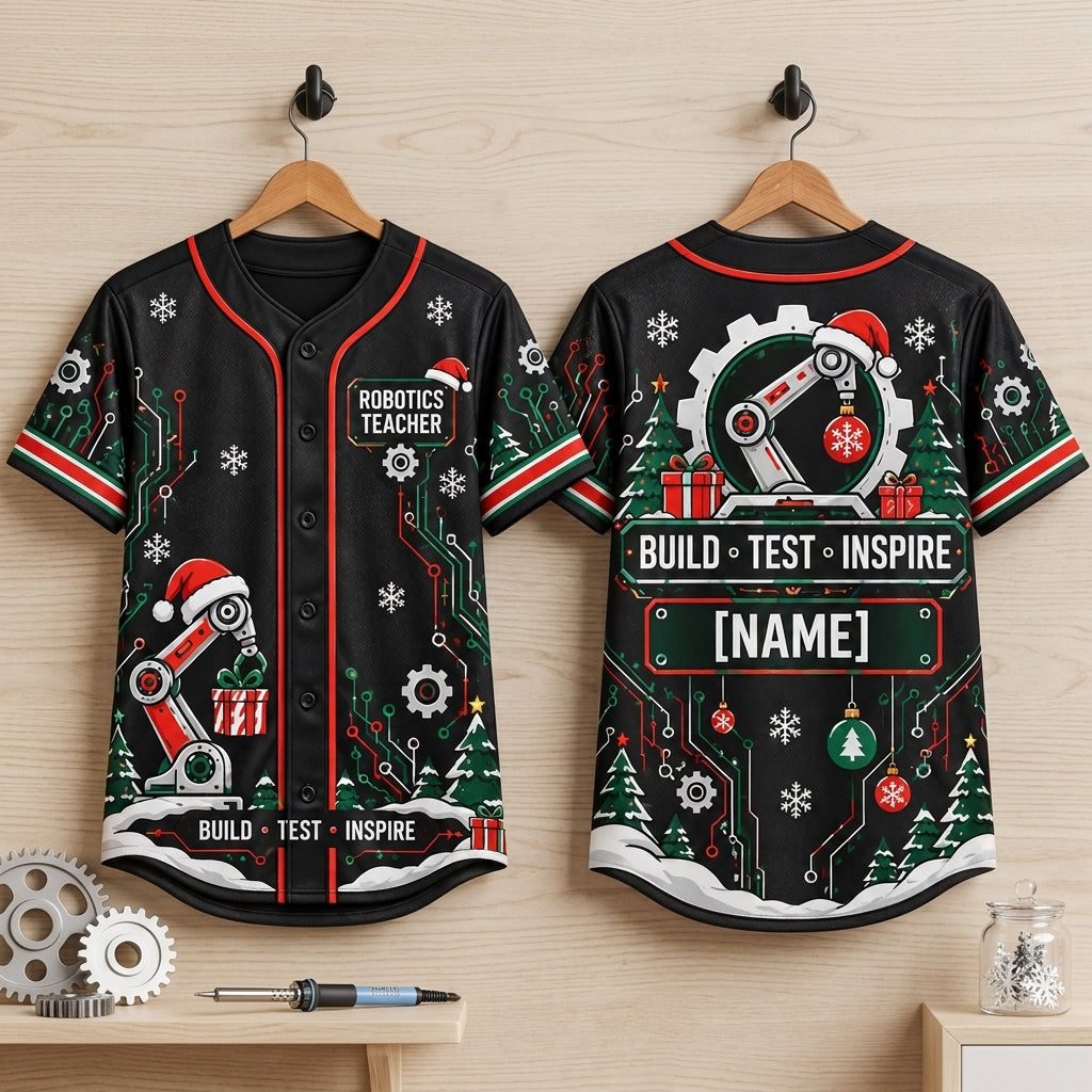 Personalized Robotics Teacher Christmas Baseball Jersey - Build Test Inspire - mockup 3