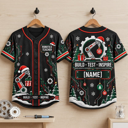 Personalized Robotics Teacher Christmas Baseball Jersey - Build Test Inspire - mockup 3