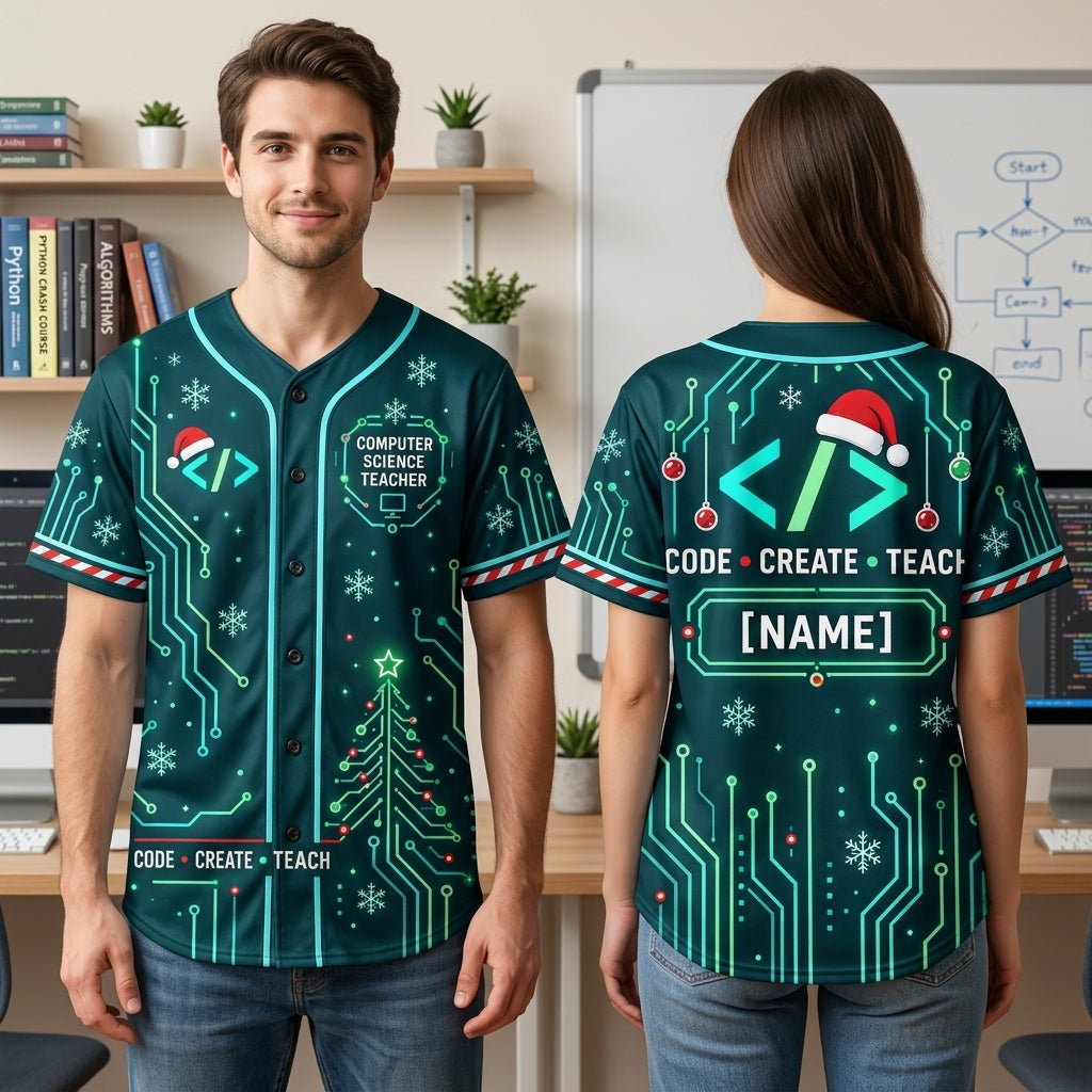 Custom Computer Science Teacher Christmas Baseball Jersey - Coding Holiday Gift - mockup 1