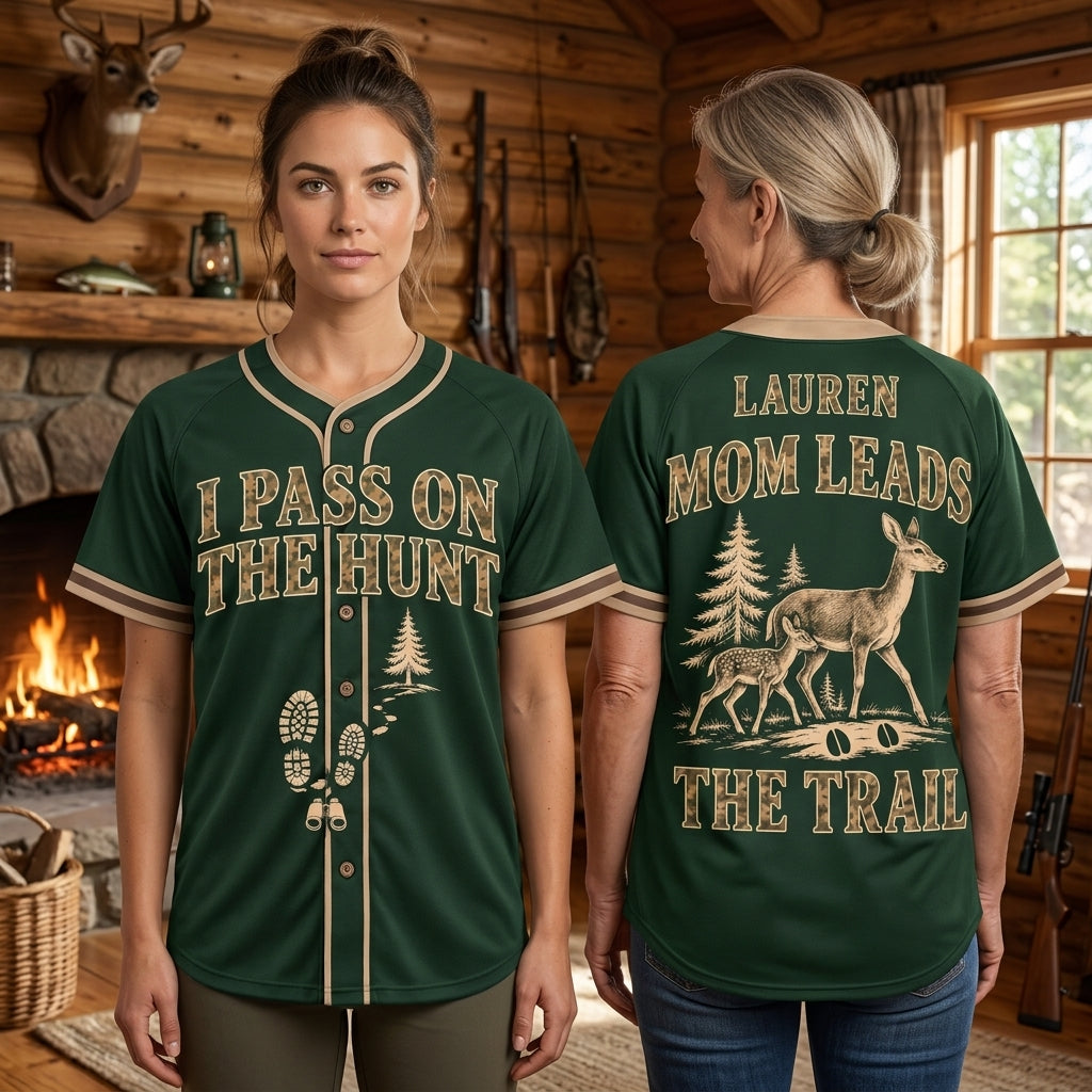 Personalized Mom Leads the Trail Hunting Baseball Jersey – Mom Teaching Kids to Hunt Gift - mockup 1