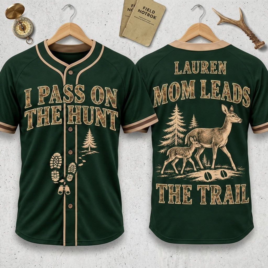 Personalized Mom Leads the Trail Hunting Baseball Jersey – Mom Teaching Kids to Hunt Gift - mockup 3