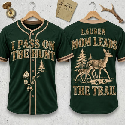 Personalized Mom Leads the Trail Hunting Baseball Jersey – Mom Teaching Kids to Hunt Gift - mockup 3
