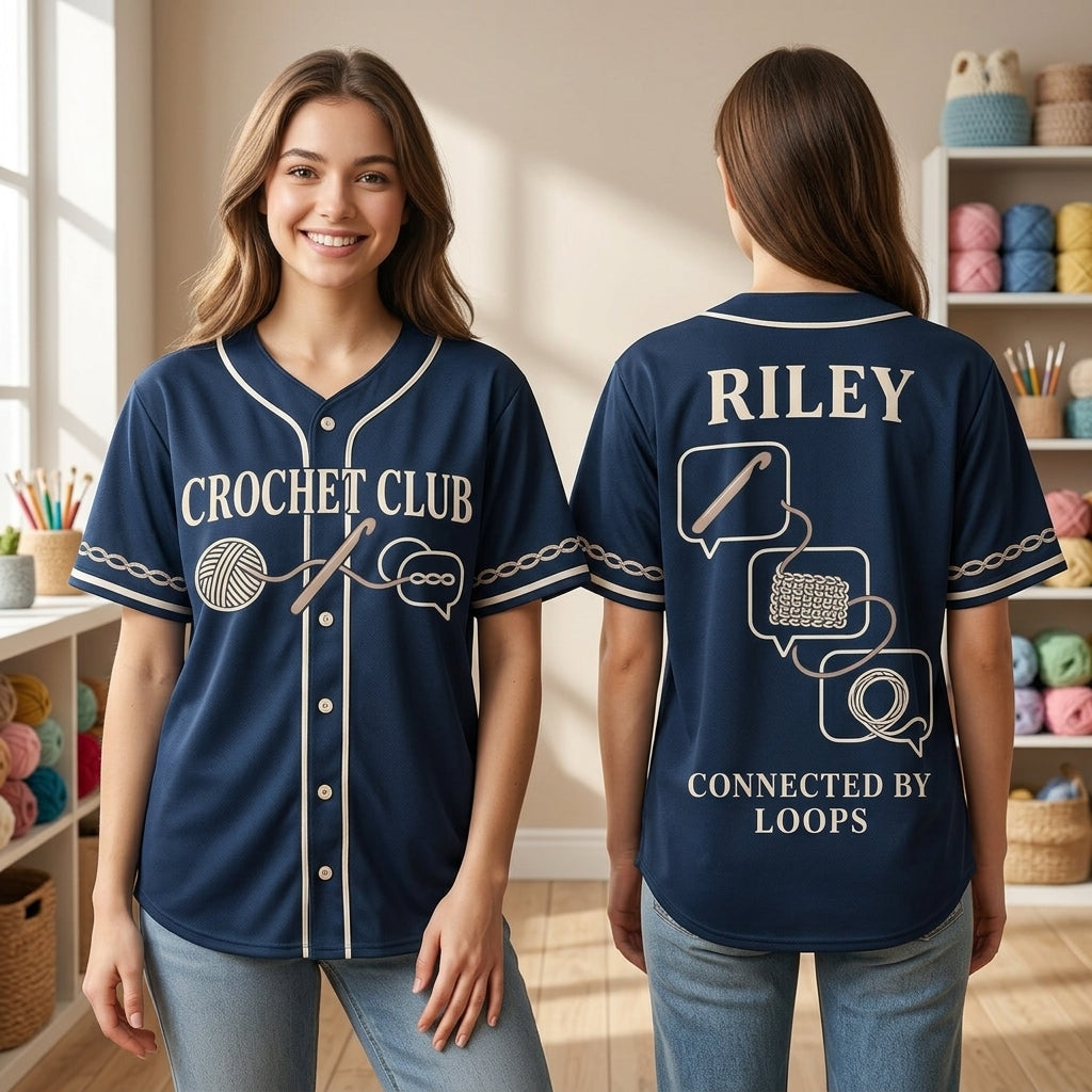 Personalized Online Crochet Club Baseball Jersey - Connected by Loops - mockup 1