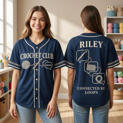Personalized Online Crochet Club Baseball Jersey - Connected by Loops - mockup 1