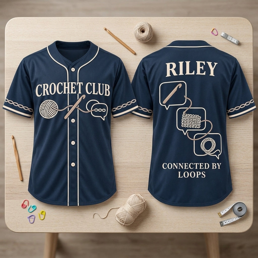 Personalized Online Crochet Club Baseball Jersey - Connected by Loops - mockup 2