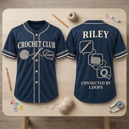 Personalized Online Crochet Club Baseball Jersey - Connected by Loops - mockup 2