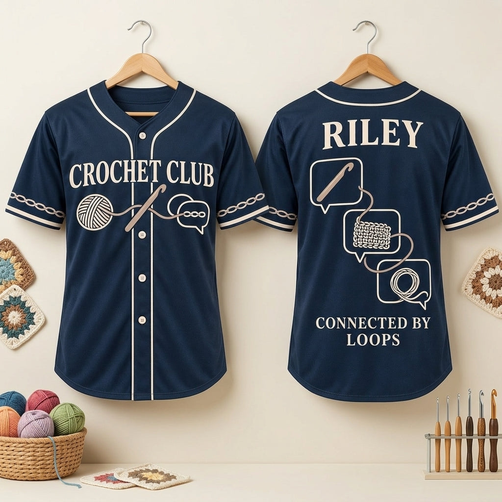 Personalized Online Crochet Club Baseball Jersey - Connected by Loops - mockup 3