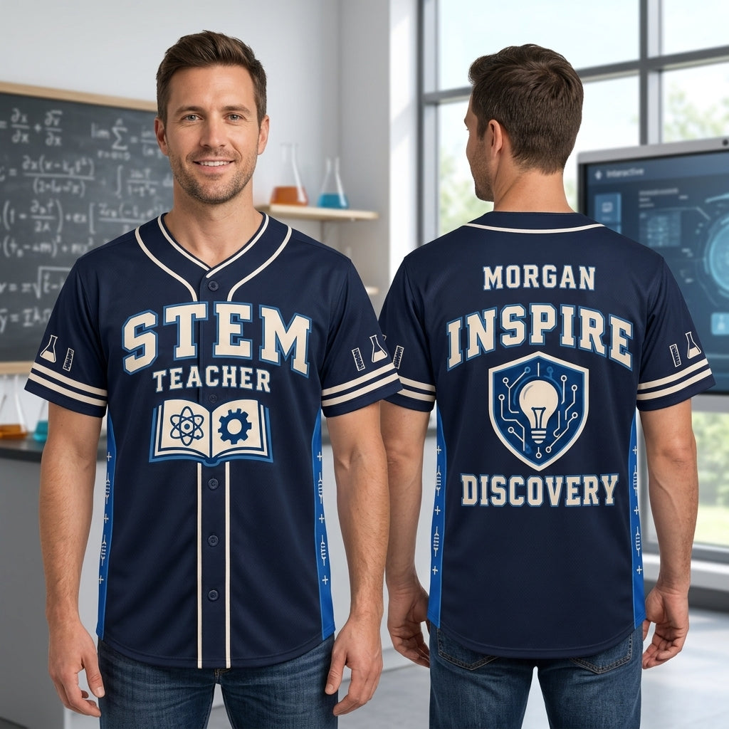 Custom STEM Teacher Baseball Jersey - Personalized Science Educator Team Shirt - mockup 1
