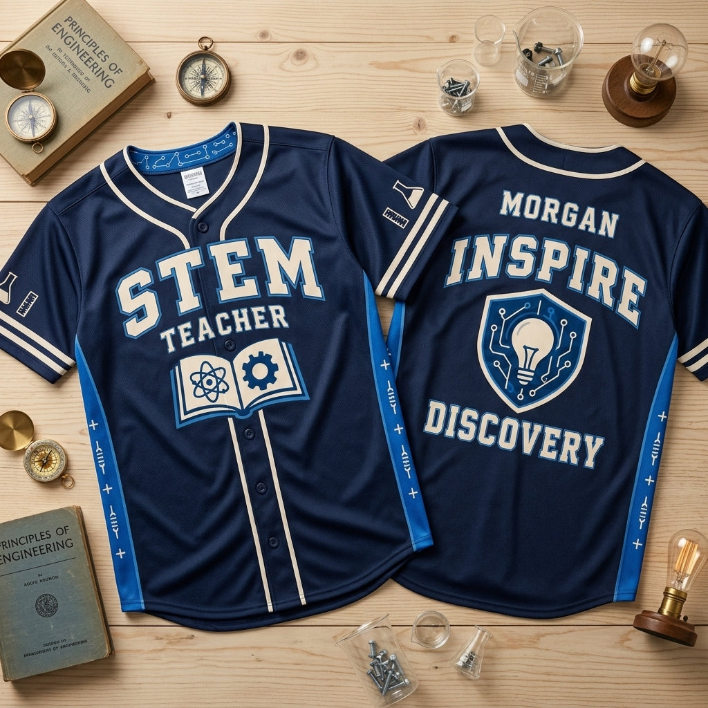 Custom STEM Teacher Baseball Jersey - Personalized Science Educator Team Shirt - mockup 2
