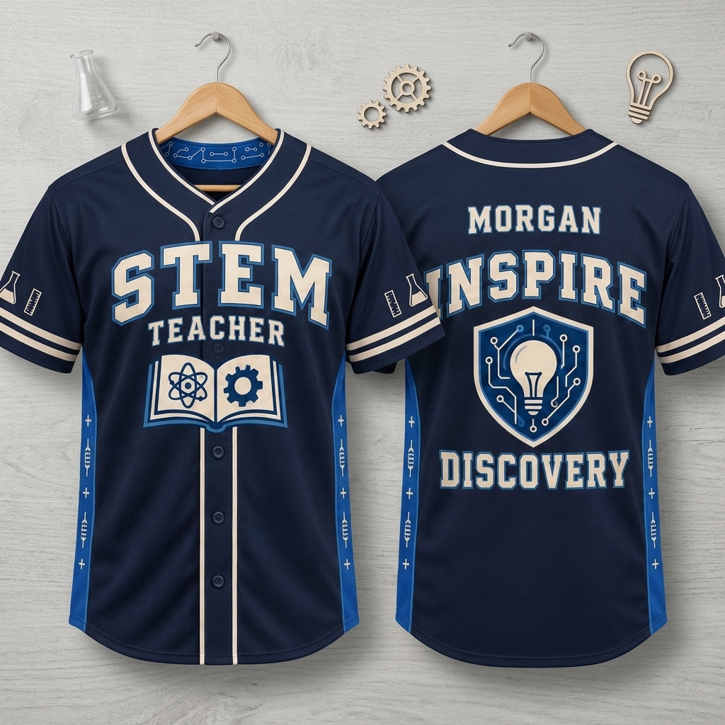 Custom STEM Teacher Baseball Jersey - Personalized Science Educator Team Shirt - mockup 3
