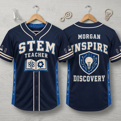Custom STEM Teacher Baseball Jersey - Personalized Science Educator Team Shirt - mockup 3