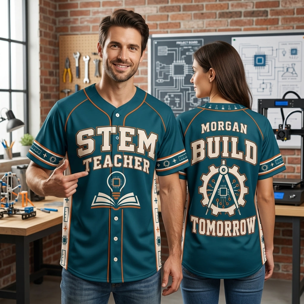 Custom STEM Teacher Baseball Jersey - Personalized Build Tomorrow Educator Shirt - mockup 1