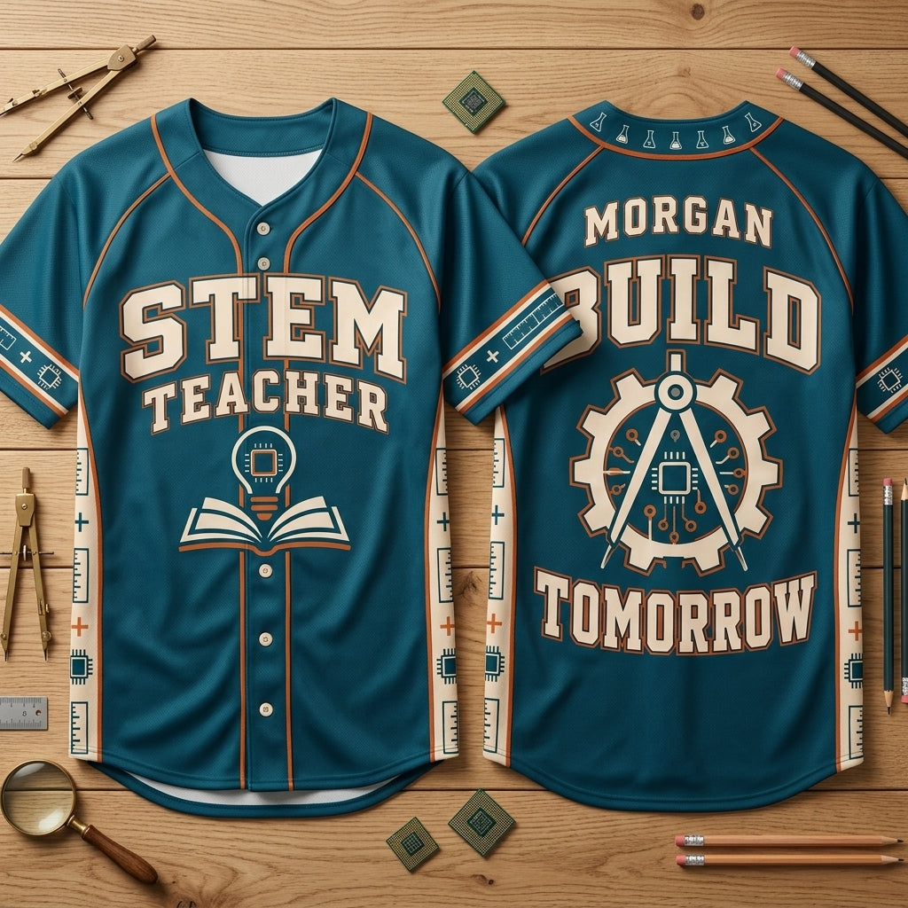 Custom STEM Teacher Baseball Jersey - Personalized Build Tomorrow Educator Shirt - mockup 2