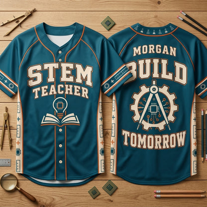 Custom STEM Teacher Baseball Jersey - Personalized Build Tomorrow Educator Shirt - mockup 2