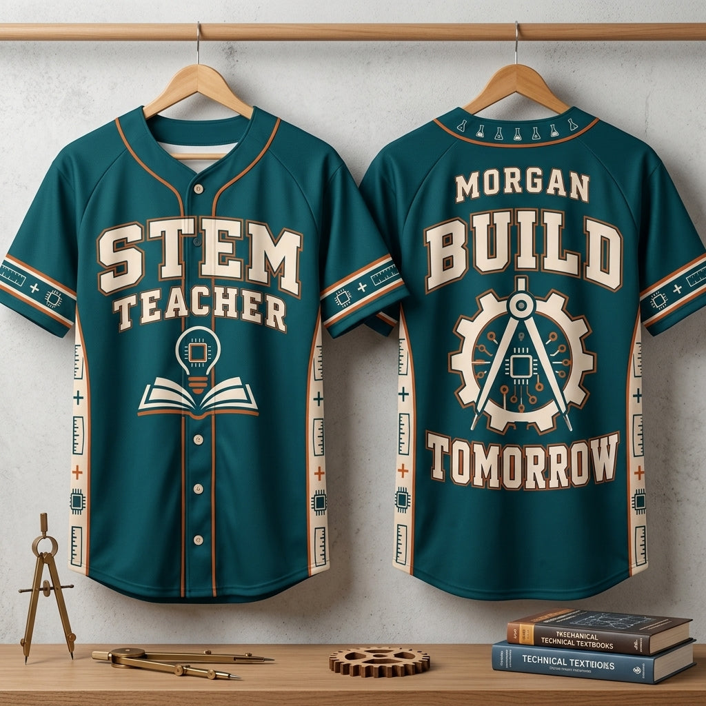 Custom STEM Teacher Baseball Jersey - Personalized Build Tomorrow Educator Shirt - mockup 3