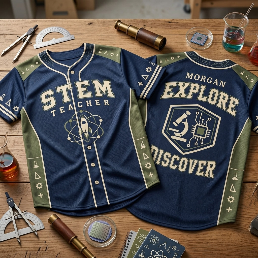Personalized STEM Teacher Baseball Jersey - Custom Name Science Educator Shirt - mockup 2