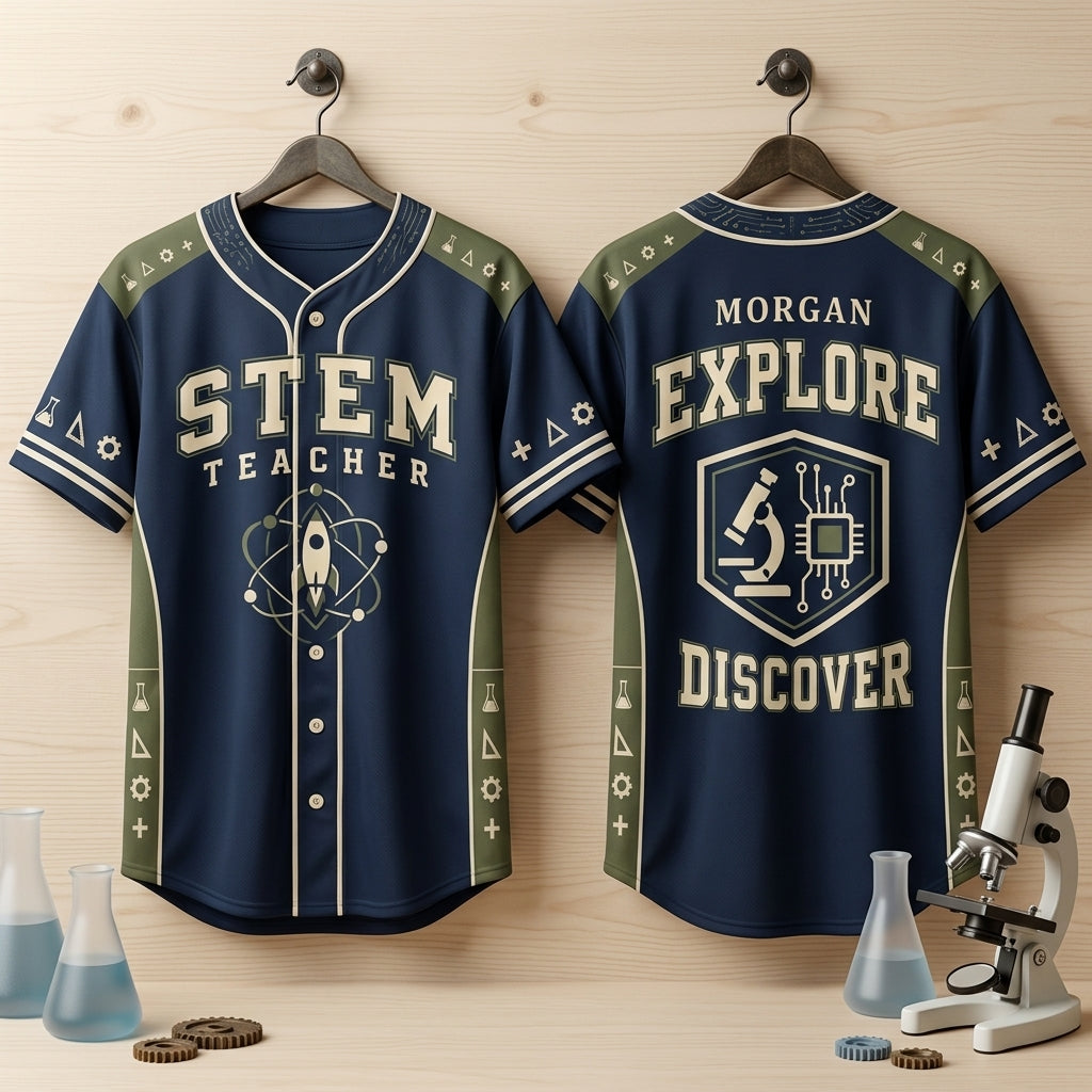 Personalized STEM Teacher Baseball Jersey - Custom Name Science Educator Shirt - mockup 3