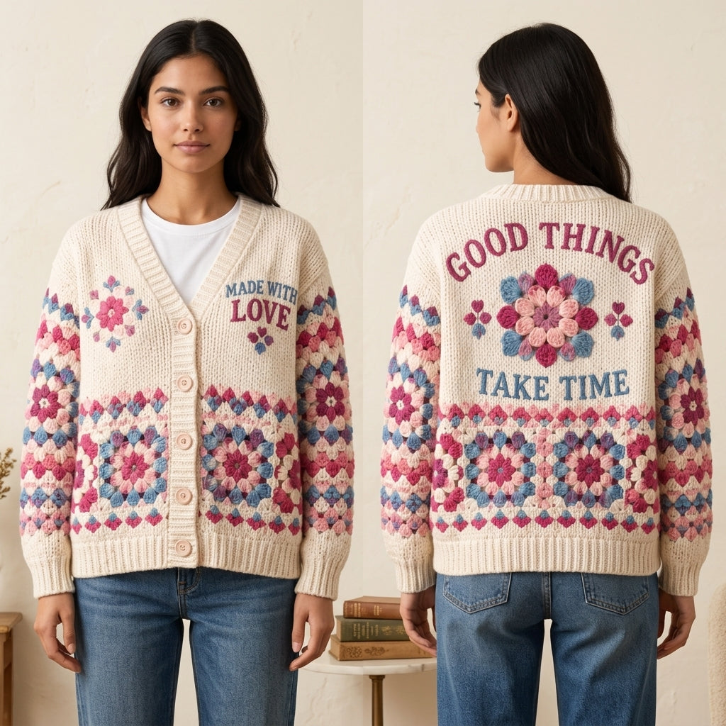 "Made With Love" Faux Crochet Granny Square Knitted Cardigan – Cozy Gift for Crafters - mockup 1