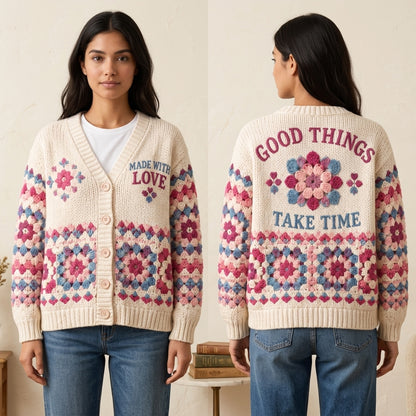 "Made With Love" Faux Crochet Granny Square Knitted Cardigan – Cozy Gift for Crafters - mockup 1