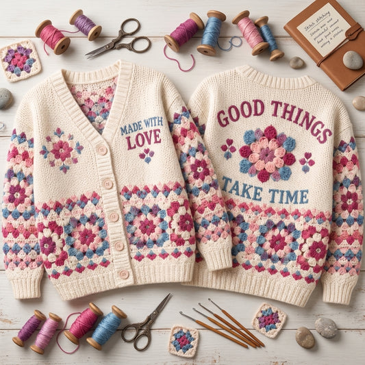 "Made With Love" Faux Crochet Granny Square Knitted Cardigan – Cozy Gift for Crafters - mockup 2