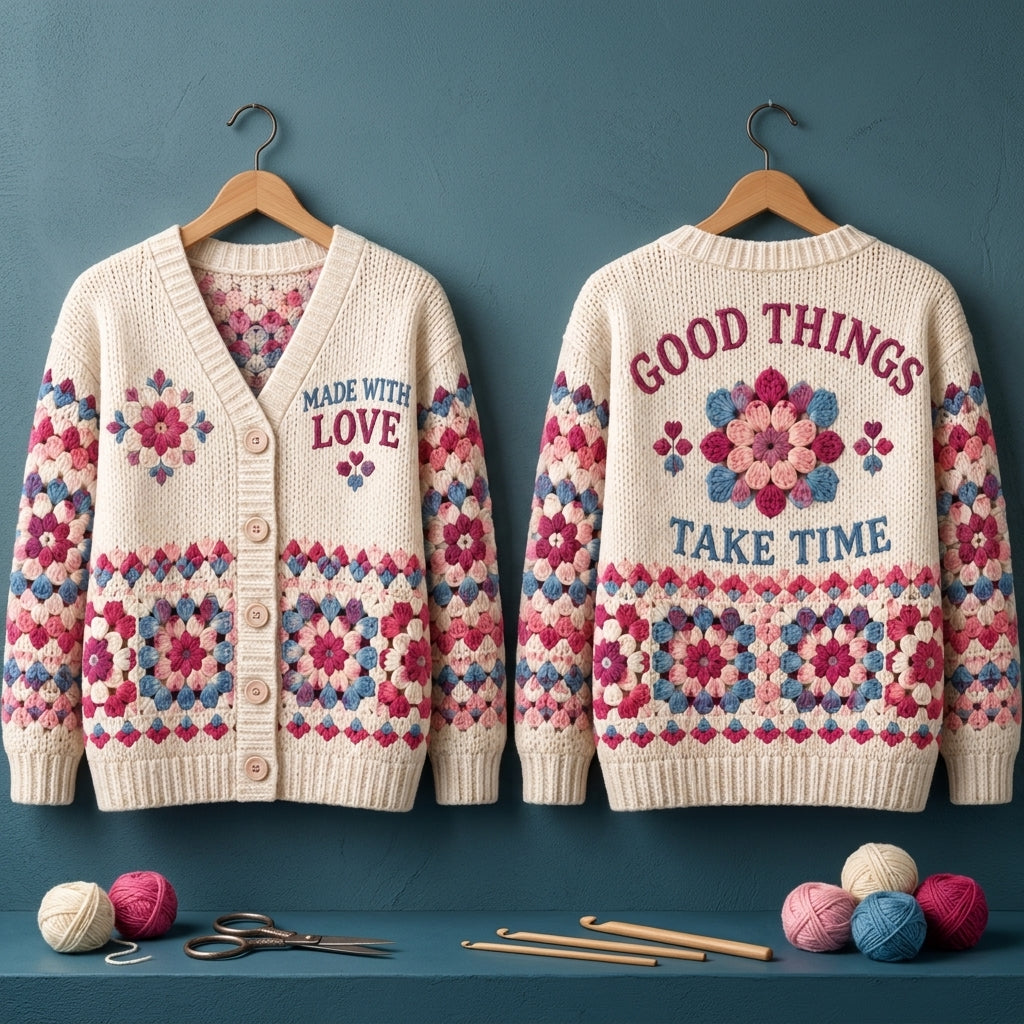 "Made With Love" Faux Crochet Granny Square Knitted Cardigan – Cozy Gift for Crafters - mockup 3