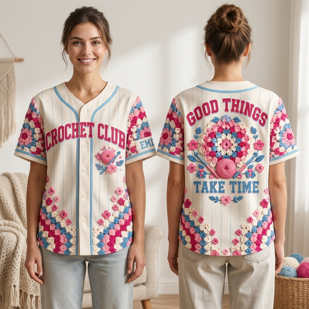 Custom Crochet Club Baseball Jersey - Good Things Take Time Personalized Crafting Gift - mockup 1