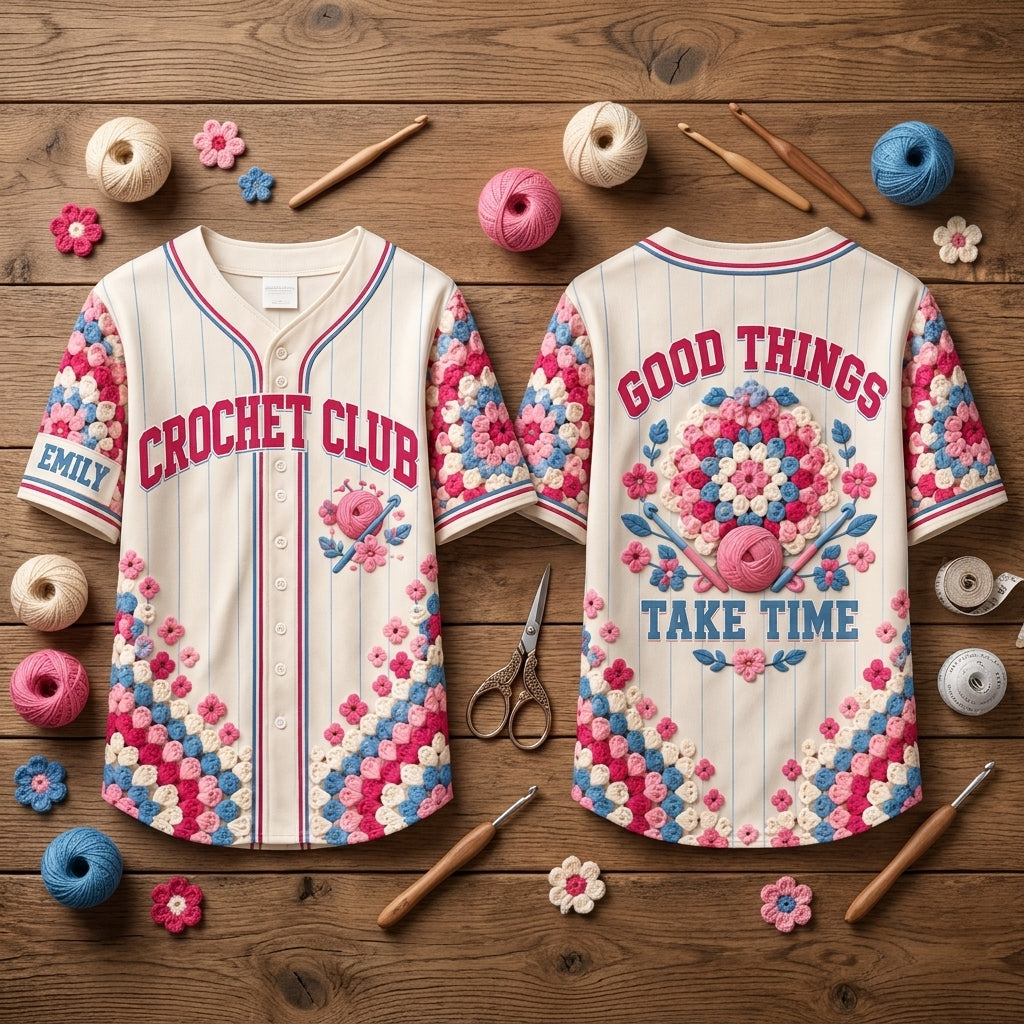 Custom Crochet Club Baseball Jersey - Good Things Take Time Personalized Crafting Gift - mockup 2