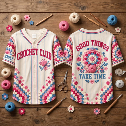 Custom Crochet Club Baseball Jersey - Good Things Take Time Personalized Crafting Gift - mockup 2