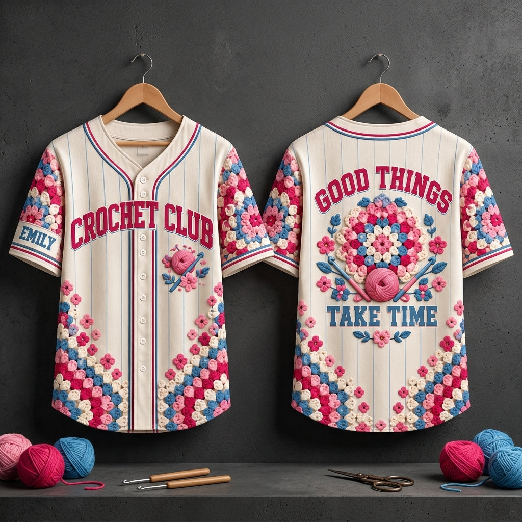 Custom Crochet Club Baseball Jersey - Good Things Take Time Personalized Crafting Gift - mockup 3